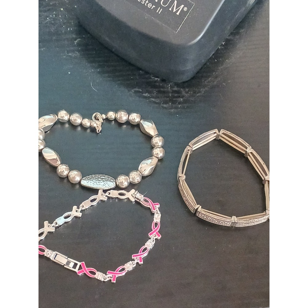 Set of 3 Silver Tone Bracelets Pink Ribbon Awareness Beaded and Filigree Stretch
